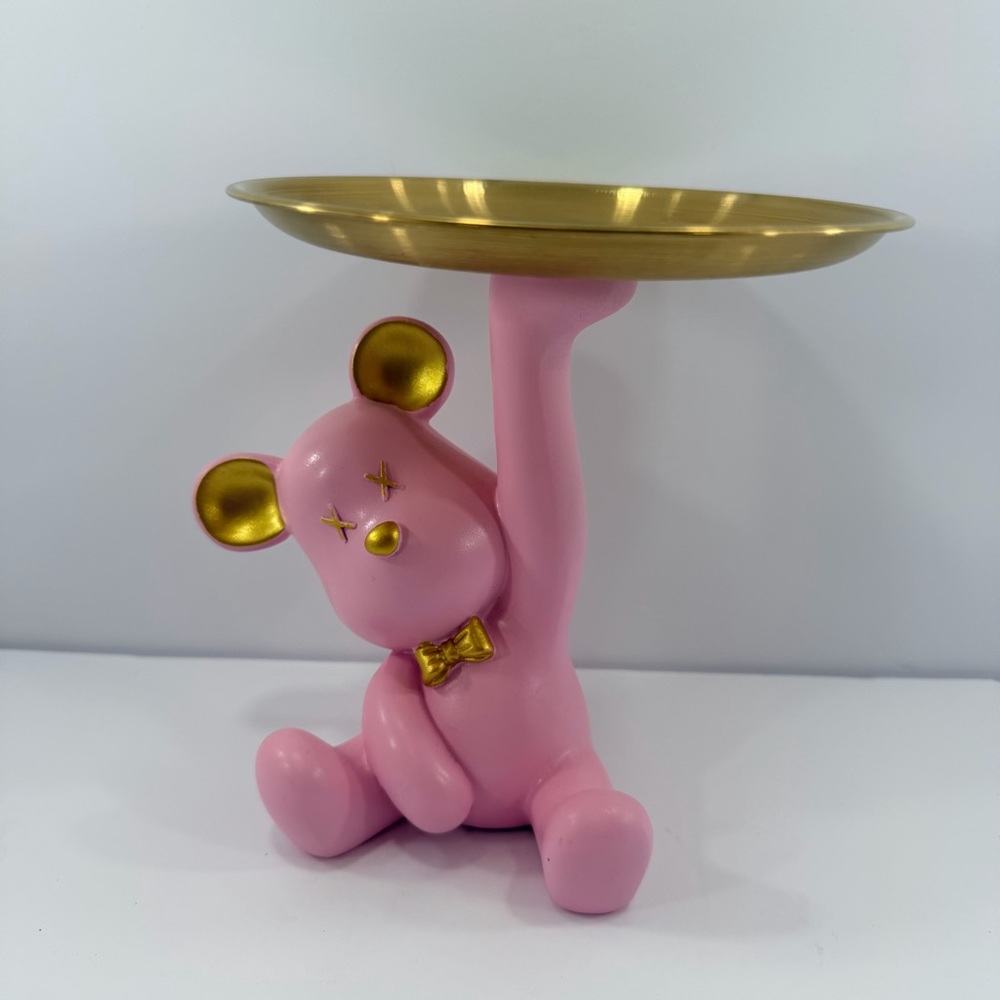 Bear Statue Metal Tray Plate Organizer Jewelry Ring Candy Keys Holder 7.5" Pink